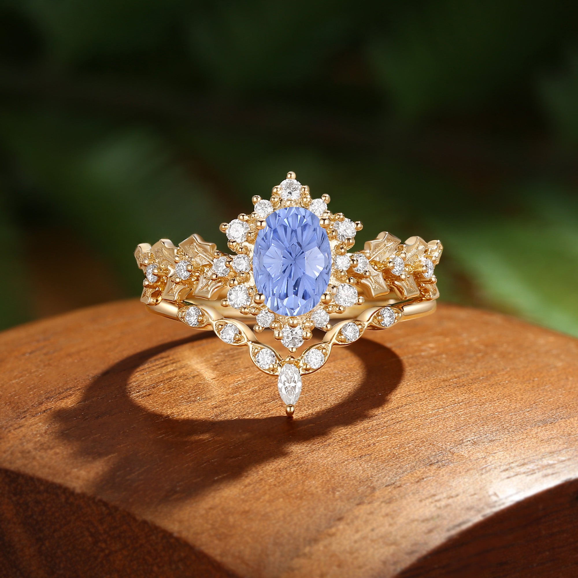 Esme - Oval Cut Firework Cornflower Blue Sapphire Holly Leaf Engagement Ring Set 2PCS