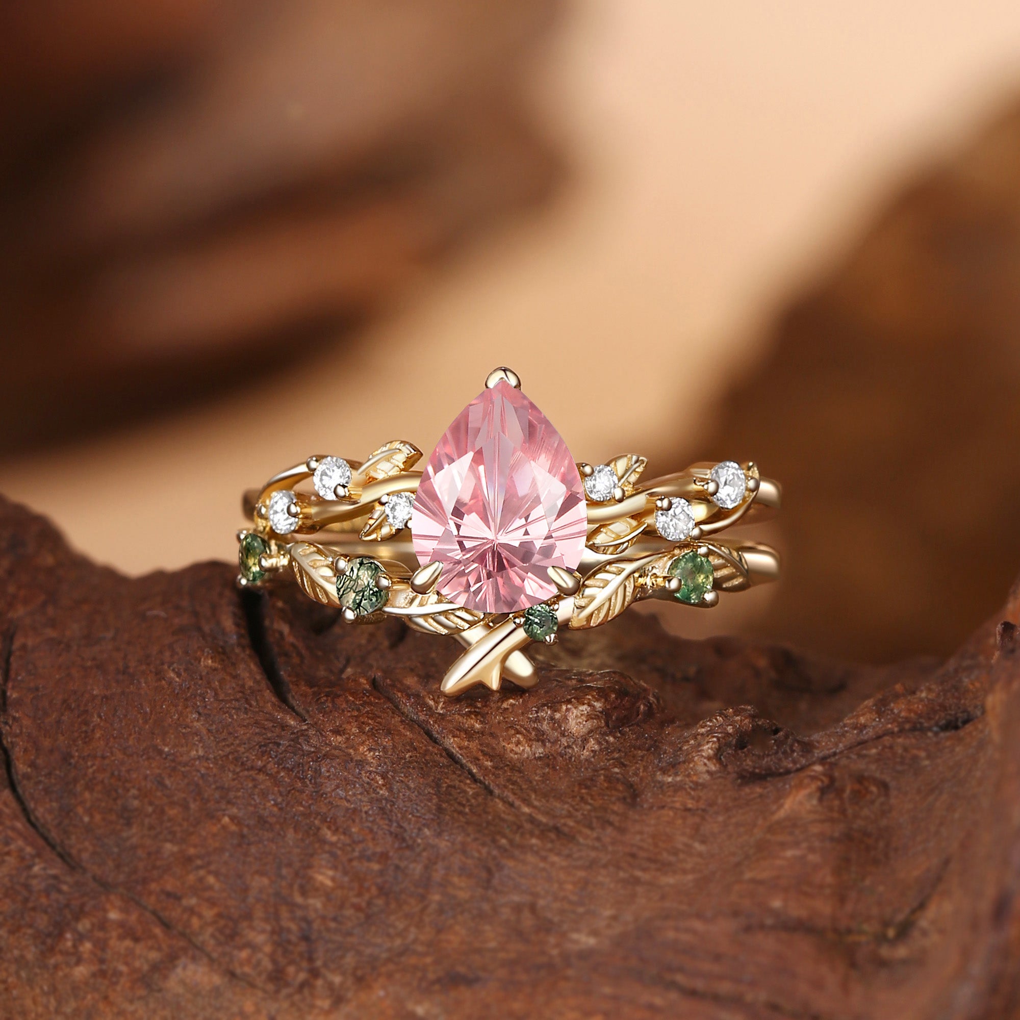 Clarissa - Firework Cut Lab Padparadscha Sapphire Leafy Bridal Set 2pcs