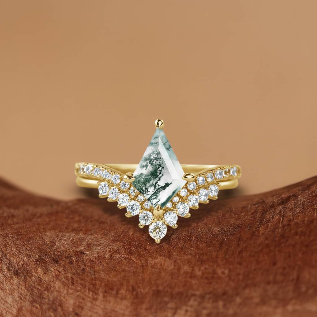 Jade - Nature Inspired Kite Cut Moss Agate Cluster Engagement Ring
