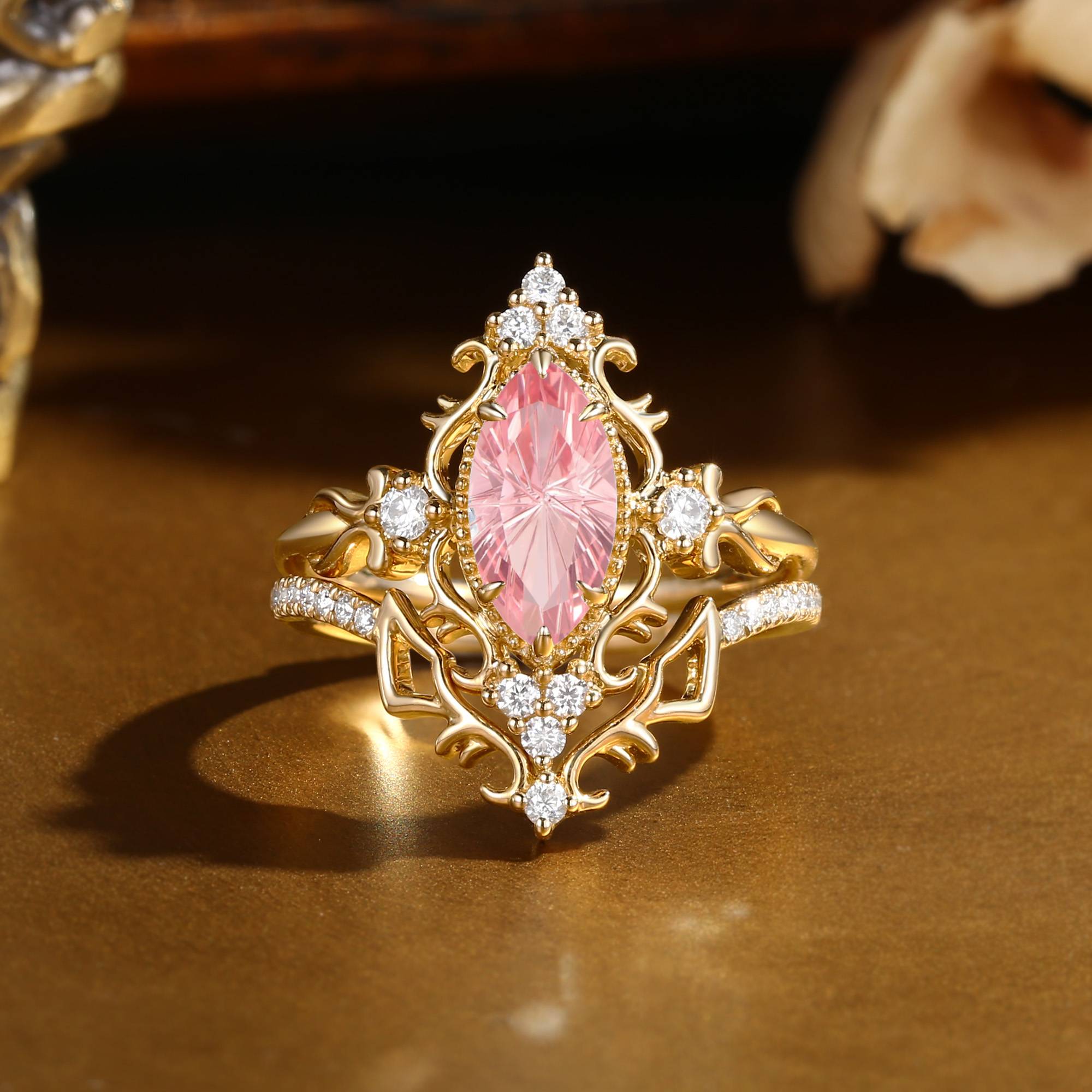 Eugenie - Marquise Firework Cut Padparadscha Royalcore Victorian Vintage Ribbon Bridal Sets 2PCS