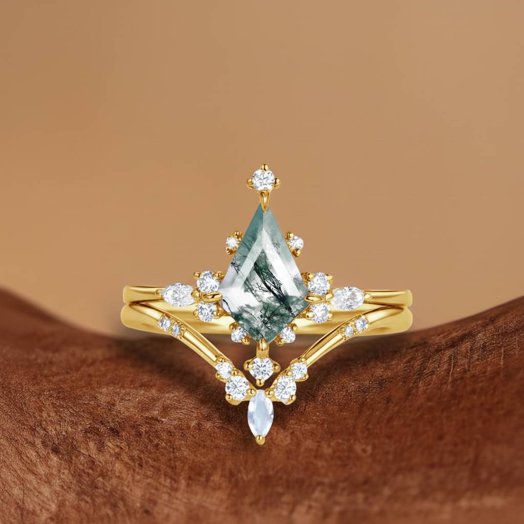 Odette - Unique Kite Cut Moss Agate Engagement Ring Sets 2pcs
