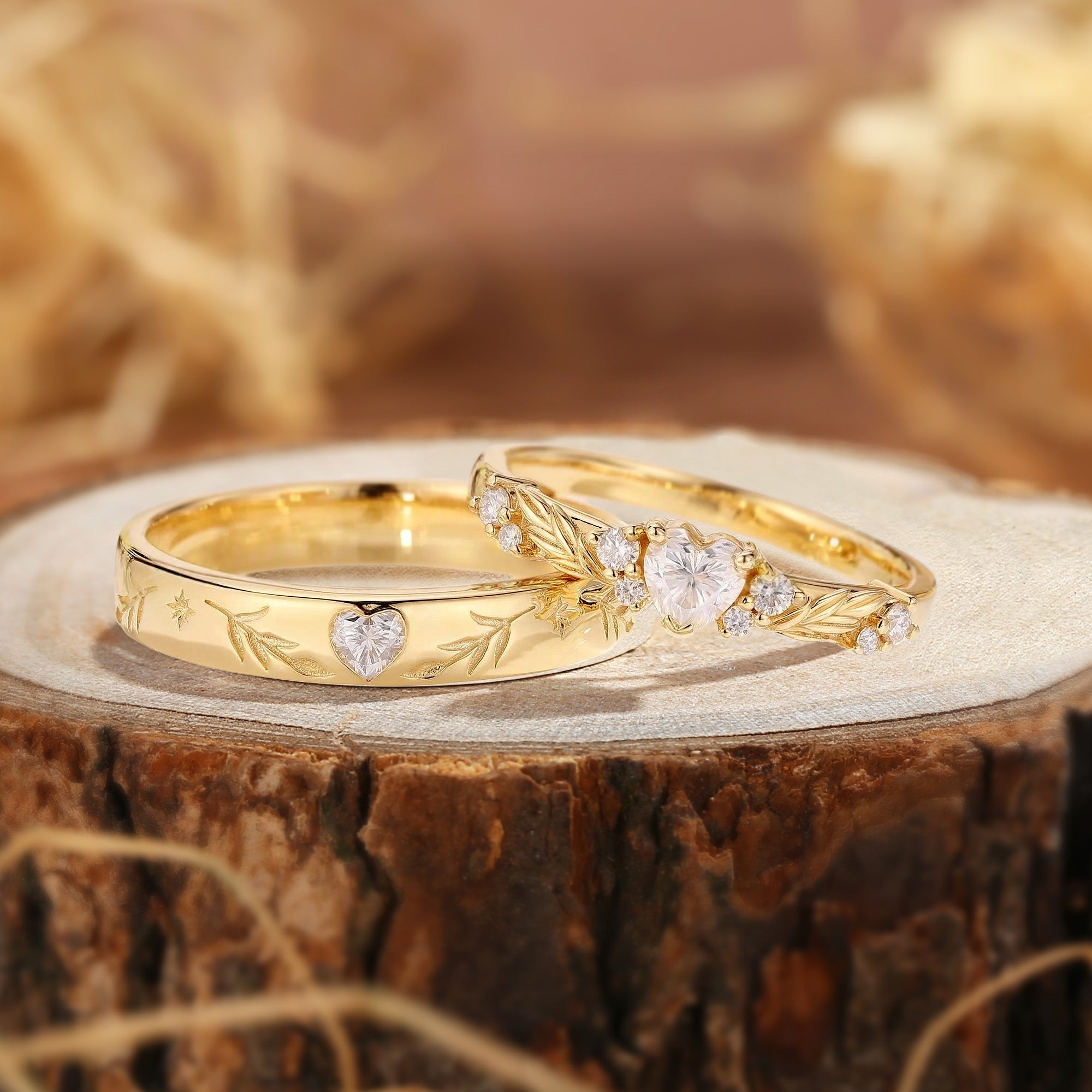 Vintage Heart Cut Moissanite Couple Rings with Leaf Design 2 Pcs
