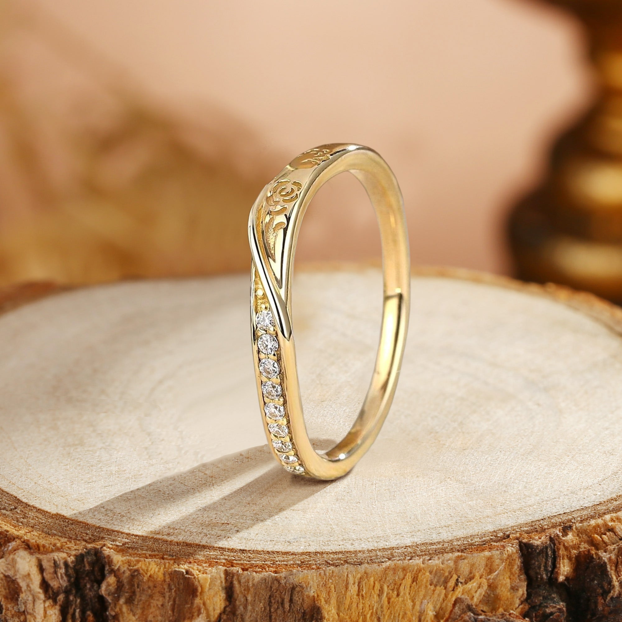 Unique Moissanite Wedding Band Art Deco Engraved Flower Ring For Women