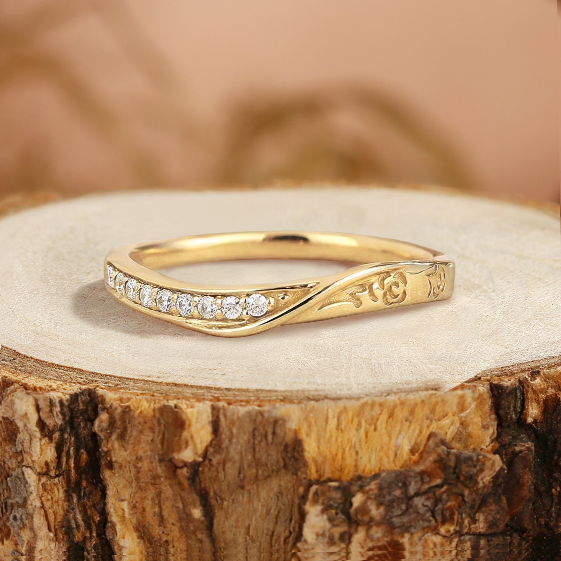 Unique Moissanite Wedding Band Art Deco Engraved Flower Ring For Women