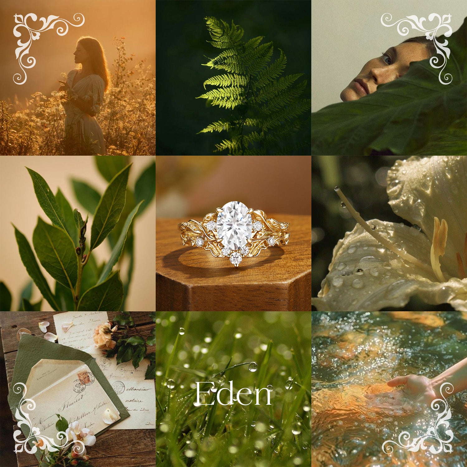 Eden - Oval Cut Moissanite Leaf Branch Engagement Ring Set 2pcs