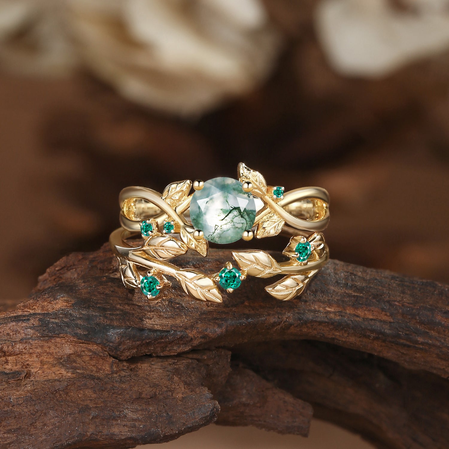 Cordelia - Round Cut Moss Agate & Emerald Gold Bridal Set 2pcs