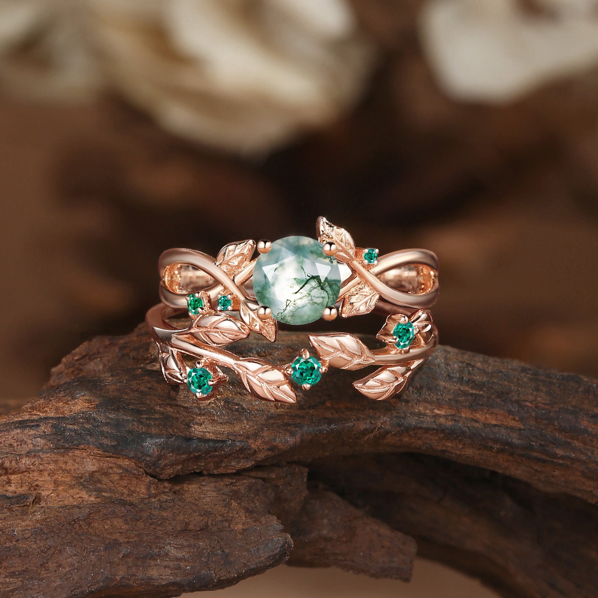 Cordelia - Round Cut Moss Agate & Emerald Gold Bridal Set 2pcs