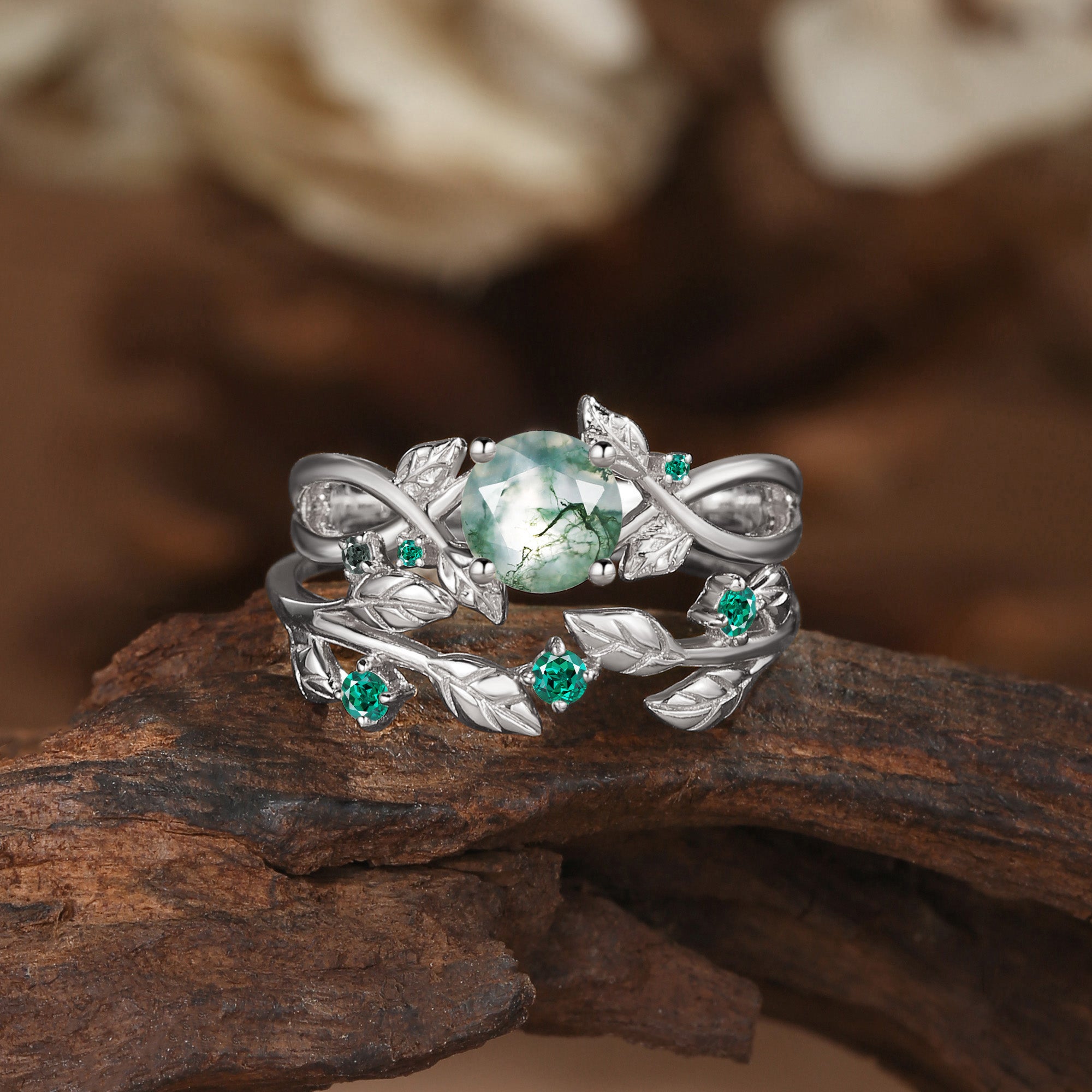 Cordelia - Round Cut Moss Agate & Emerald Gold Bridal Set 2pcs