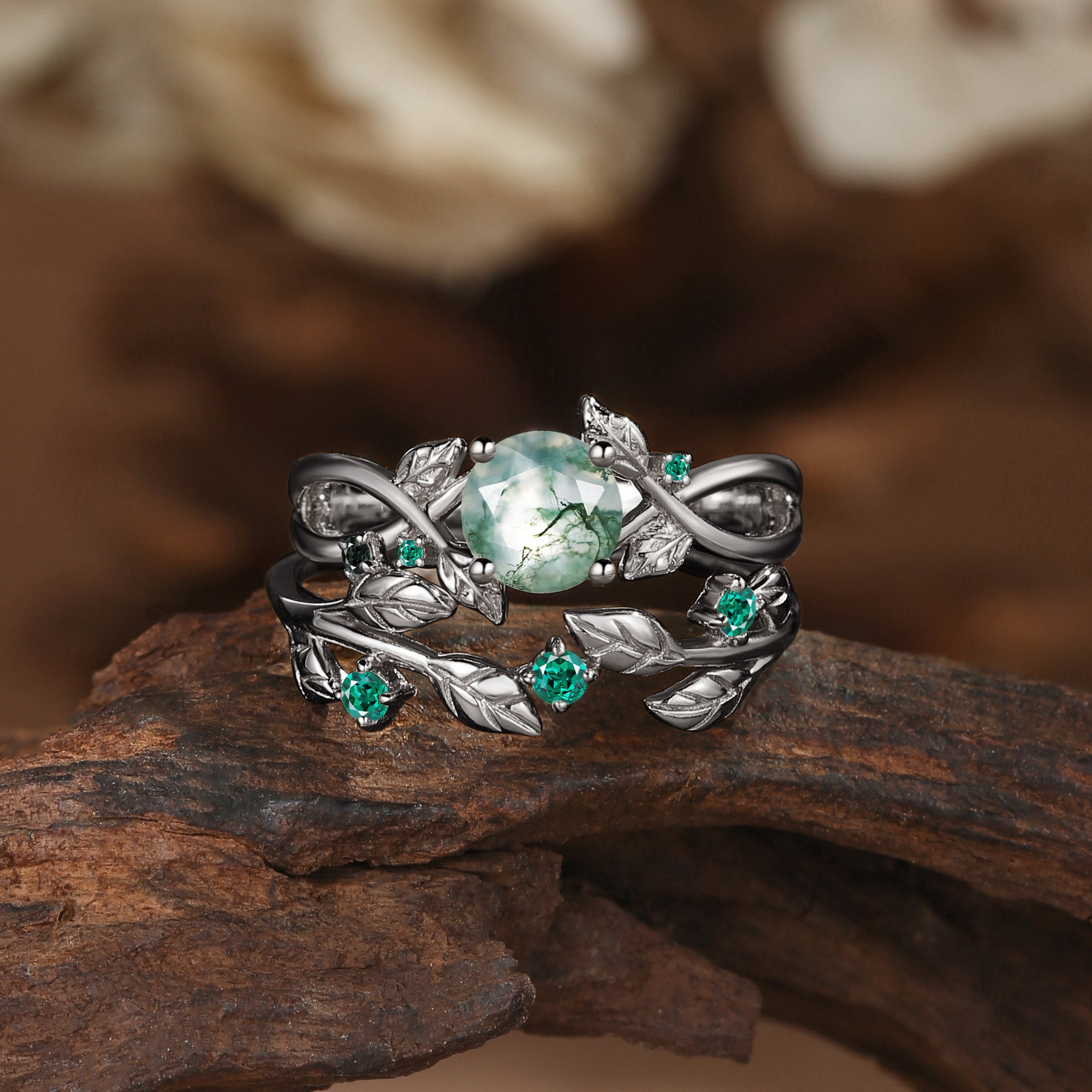 Cordelia - Round Cut Moss Agate & Emerald Gold Bridal Set 2pcs