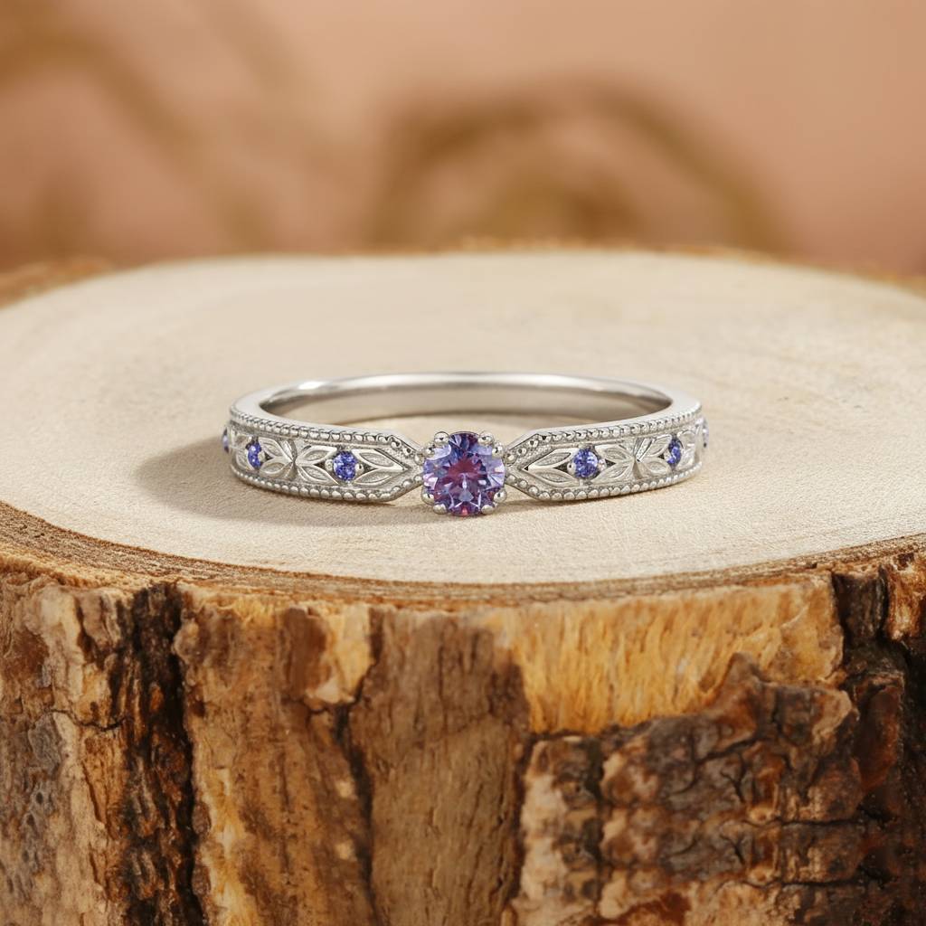 Vintage Alexandrite Leaf Wedding Band Women