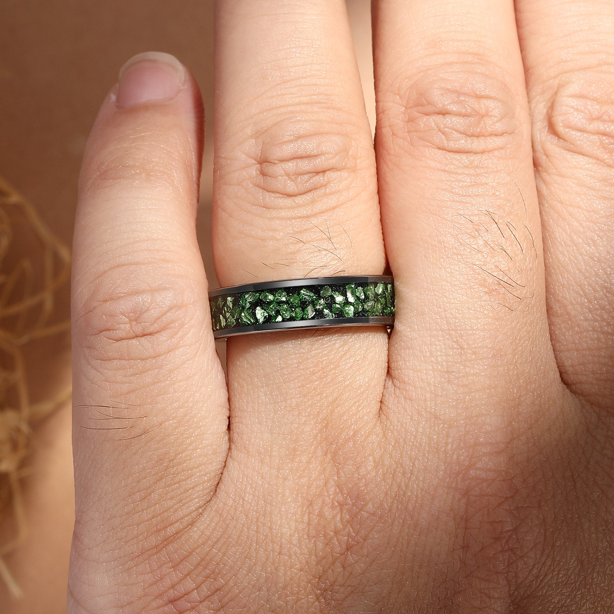 Unique Black Inlay Green Forest Elf Men Wedding Band