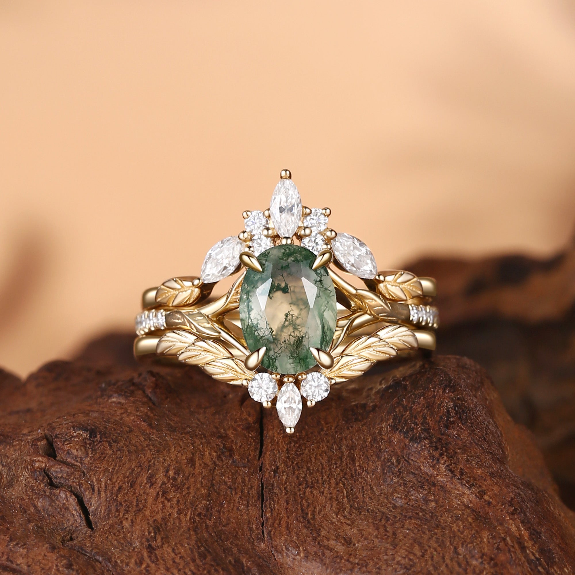 Leaf Ring - Oval Cut Moss Agate Leafy Cluster Bridal Set 3pcs