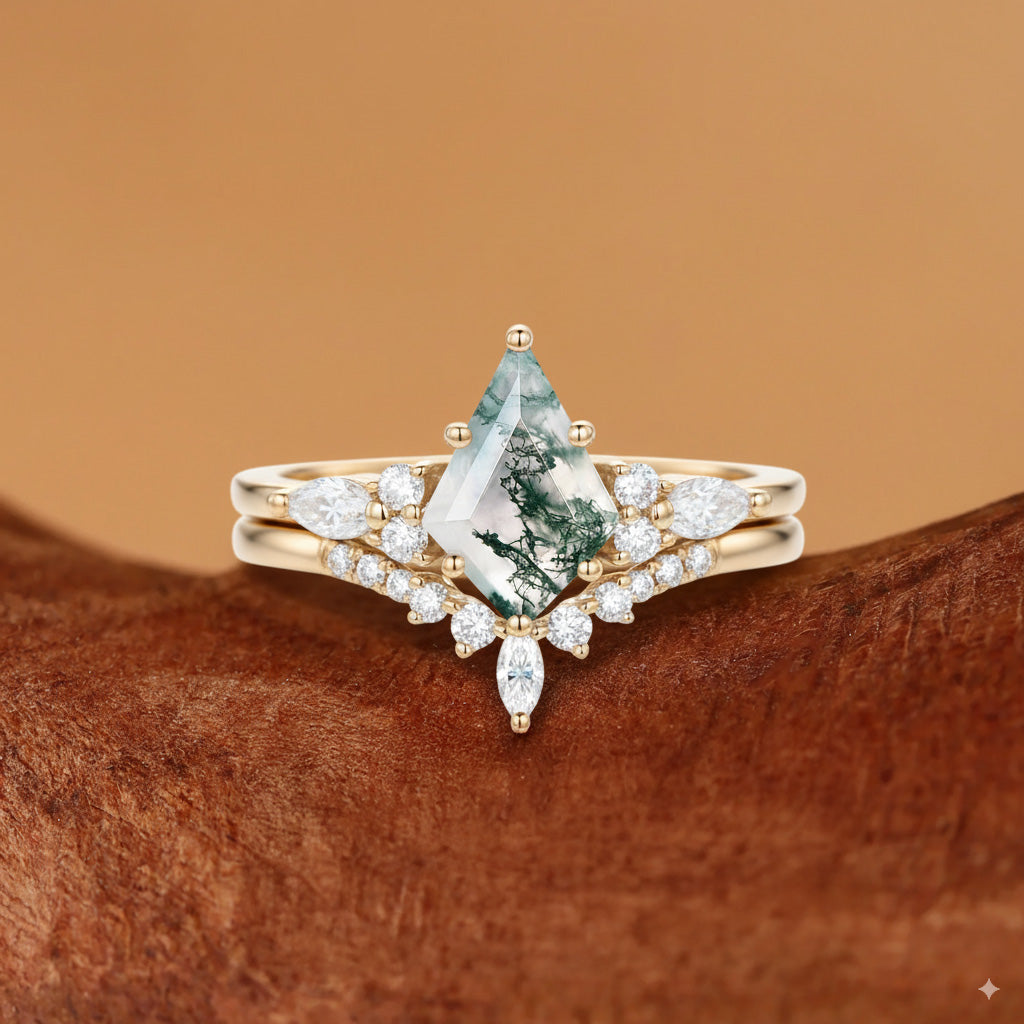 Kaia - Vintage Kite Cut Green Moss Agate Bridal Set 2pcs