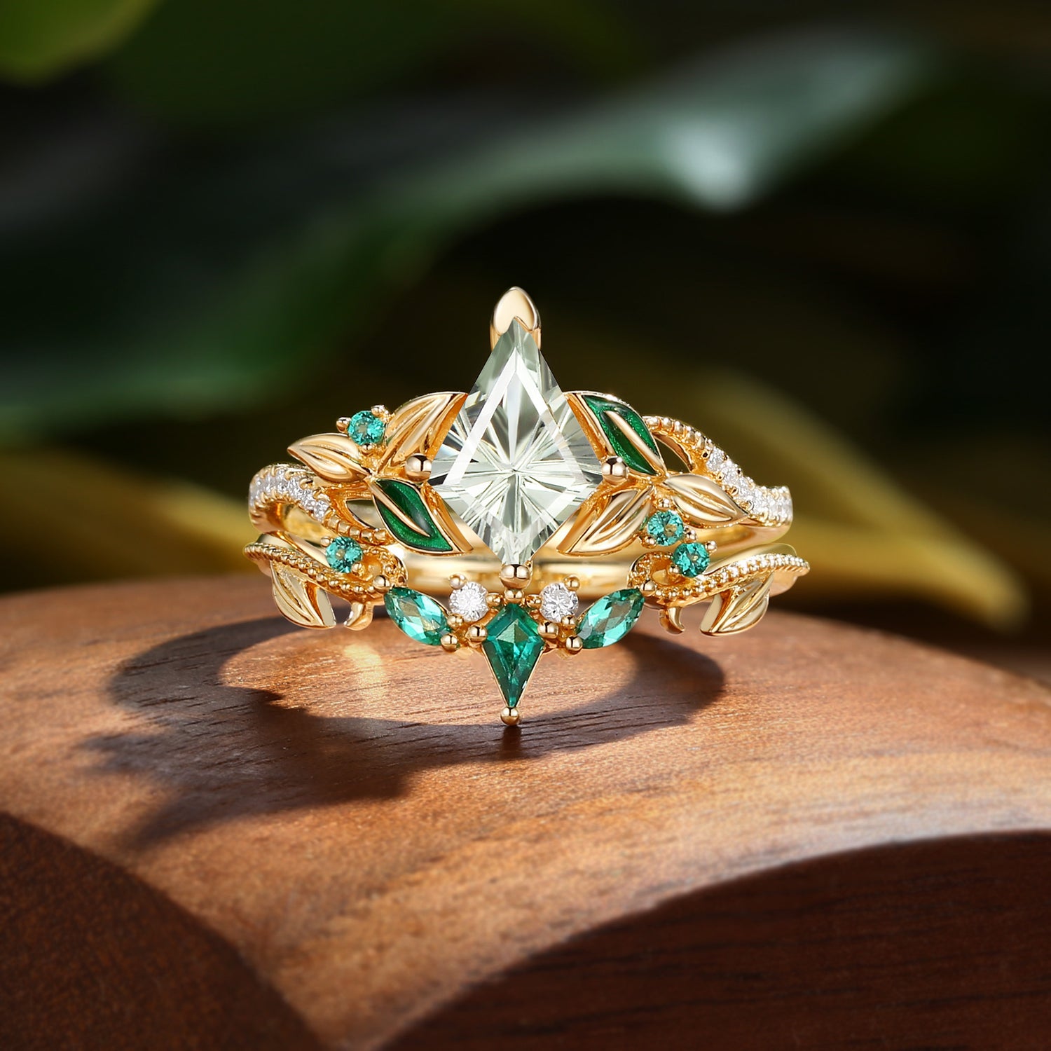 Faye - Unique Firework Kite Cut Green Sapphire Leaf Enamel Fairy Bridal Sets 2pcs