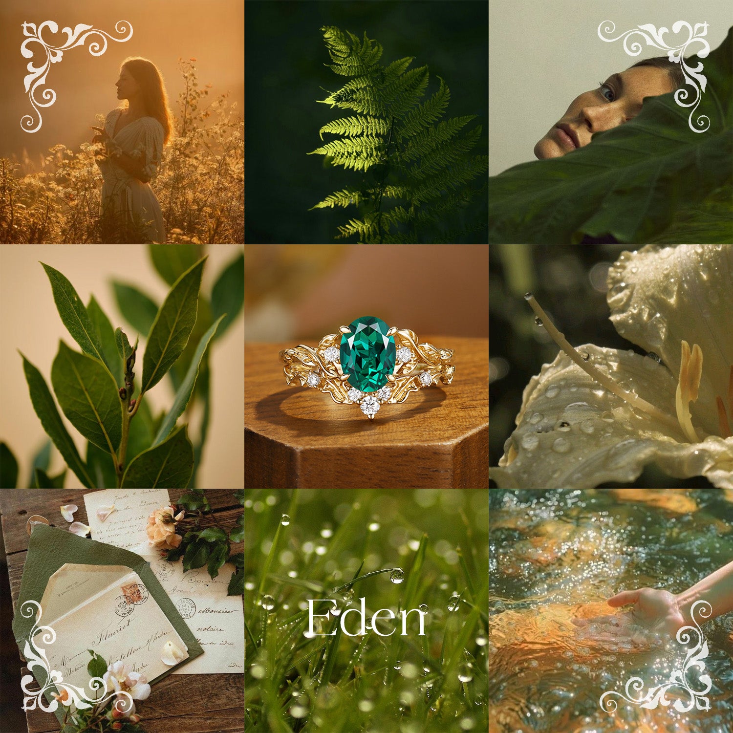 Eden - Oval Cut Lab Emerald Leaf Branch Engagement Ring Set 2pcs