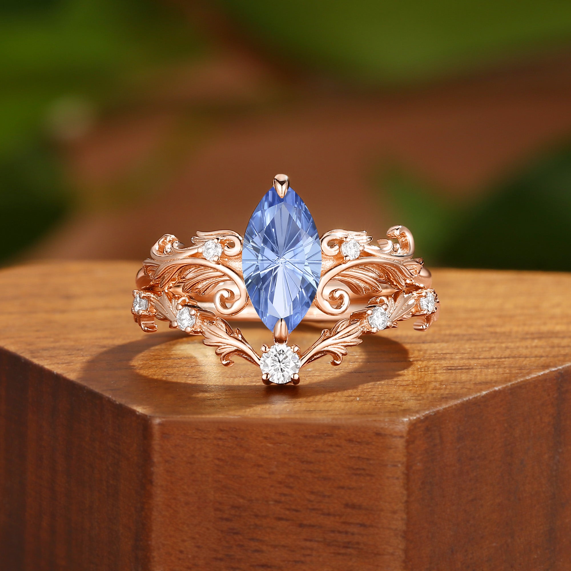 Rhea - Vintage Marquise Firework Cut Cornflower Sapphire Acanthus Wedding Ring Set 2pcs