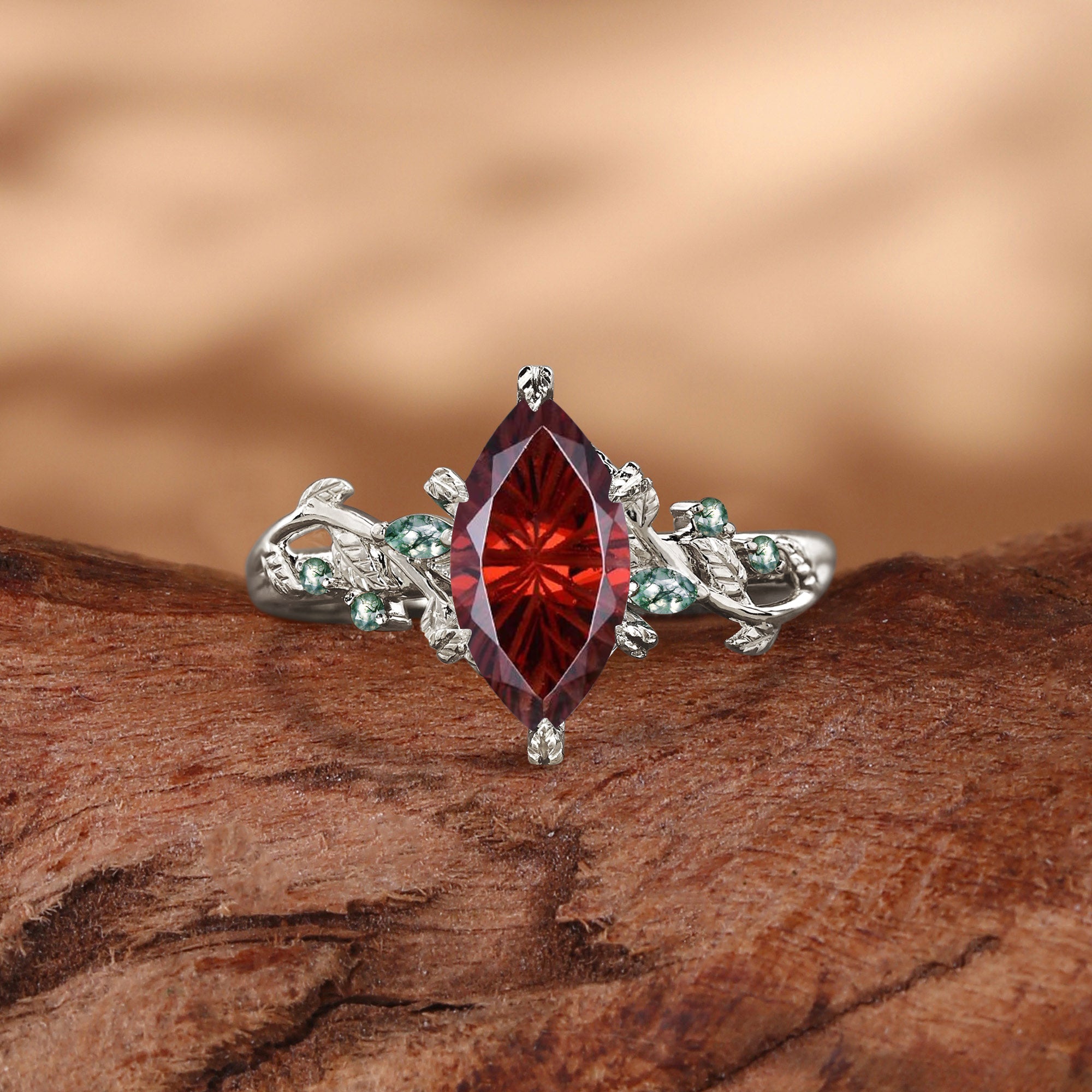 Nature Inspired Firework Marquise Cut Garnet Leafy Twist Engagement Ring
