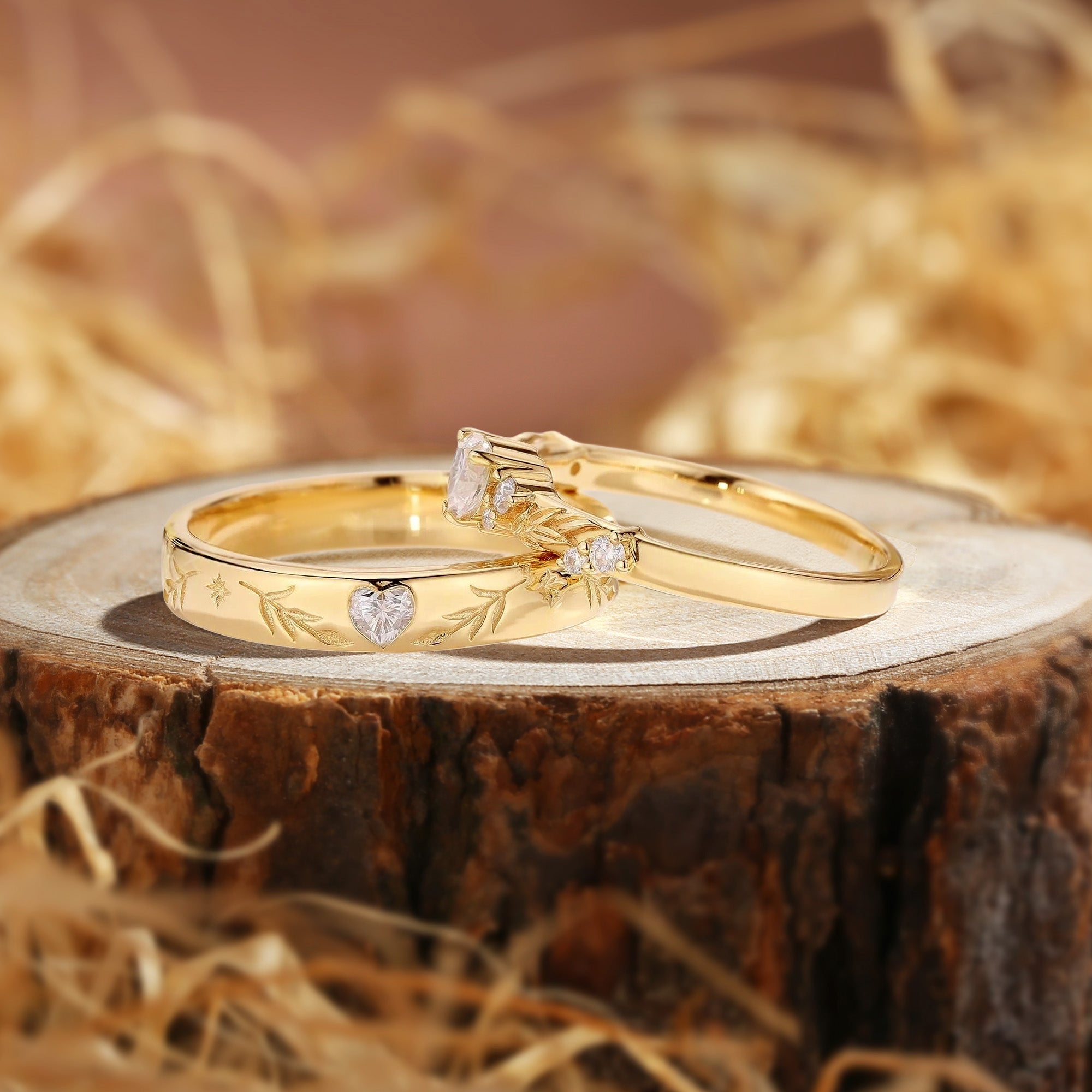 Vintage Heart Cut Moissanite Couple Rings with Leaf Design 2 Pcs