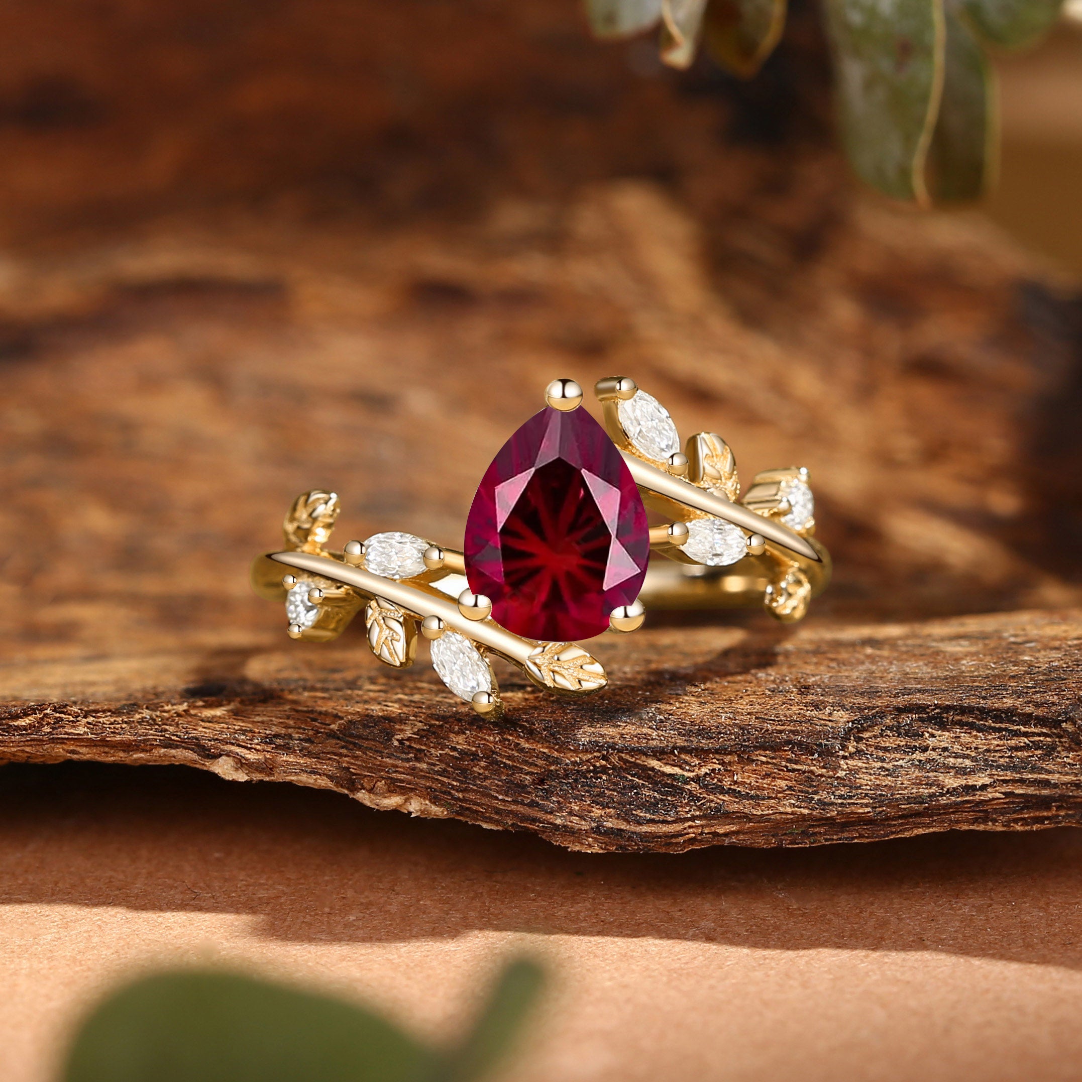 Clarissa - Firework Cut Lab Ruby Branch Leafy Inspired Engagement Ring