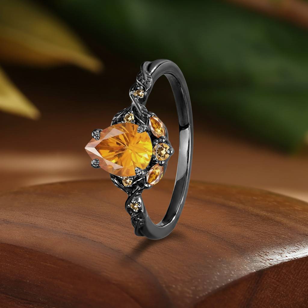 Clarissa -Twist Pear Firework Cut Citrine Leaf Engagement Ring