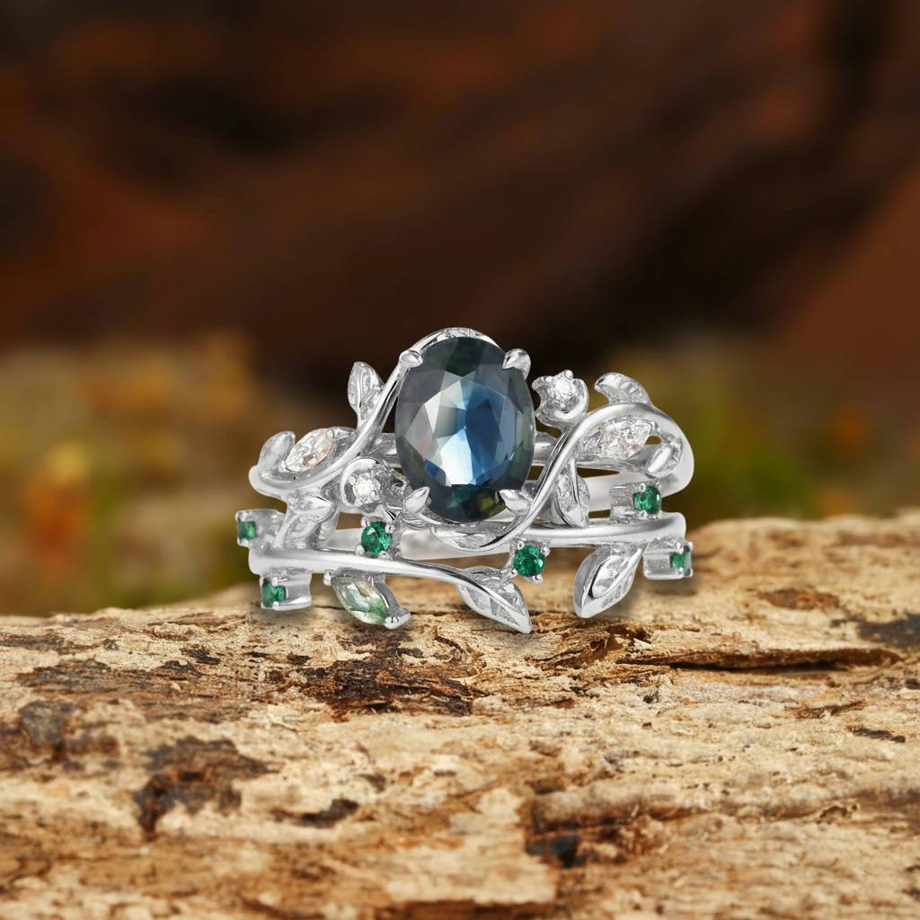 Désirée - Oval Cut Blue Green Sapphire Branch Leafy Engagement Ring Set 2pcs
