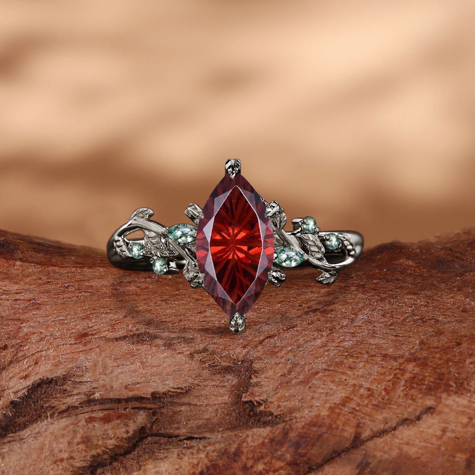Nature Inspired Firework Marquise Cut Garnet Leafy Twist Engagement Ring