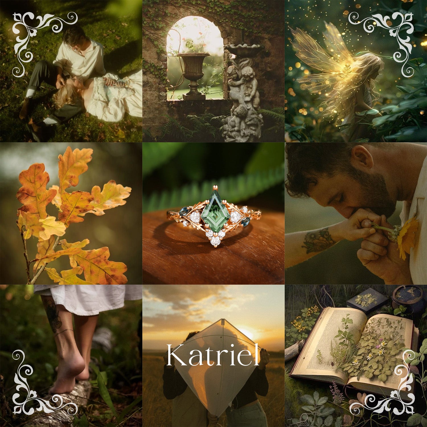 Katriel - 1.5CT Kite Cut Lab Green Sapphire Oak Leaf Engagement Ring