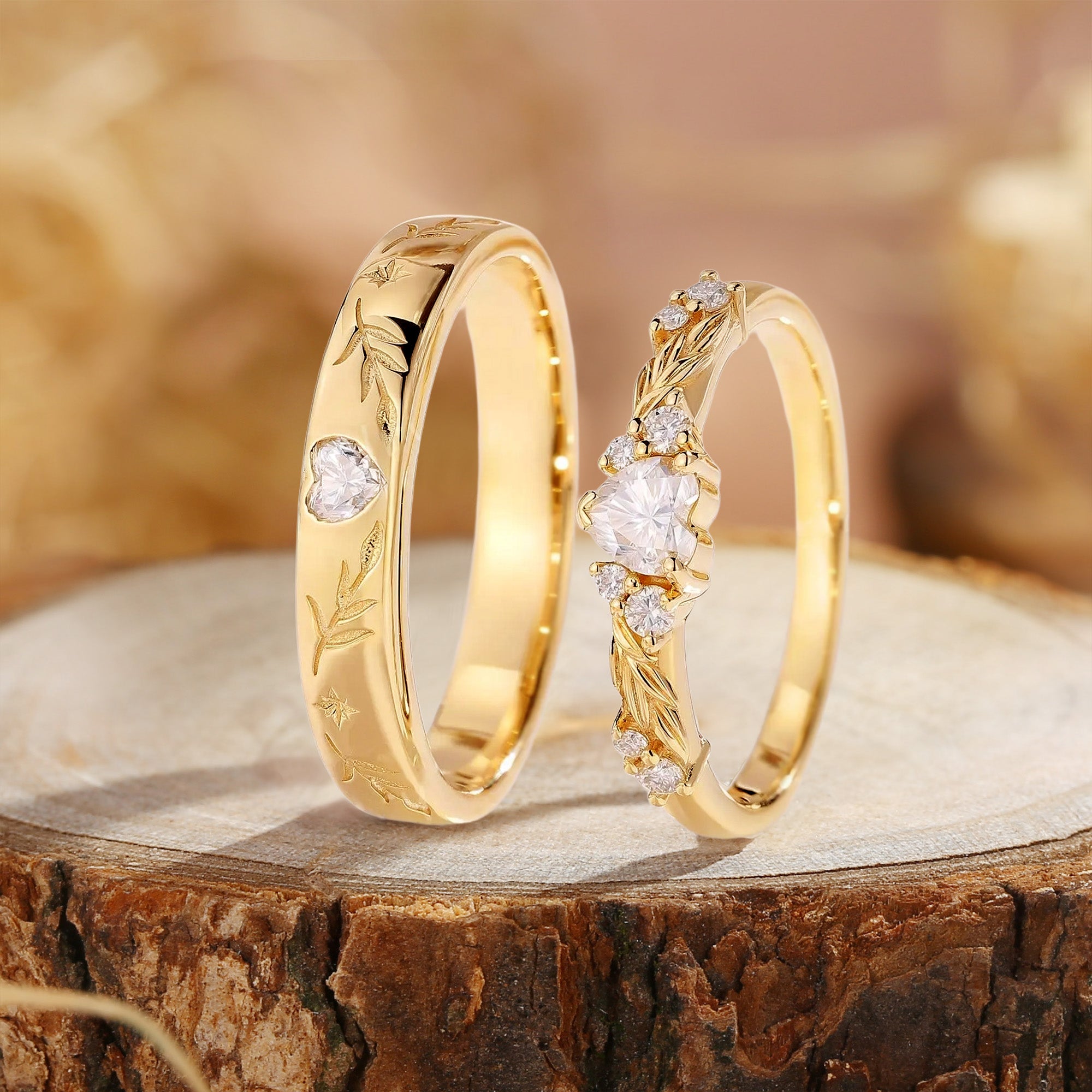 Vintage Heart Cut Moissanite Couple Rings with Leaf Design 2 Pcs
