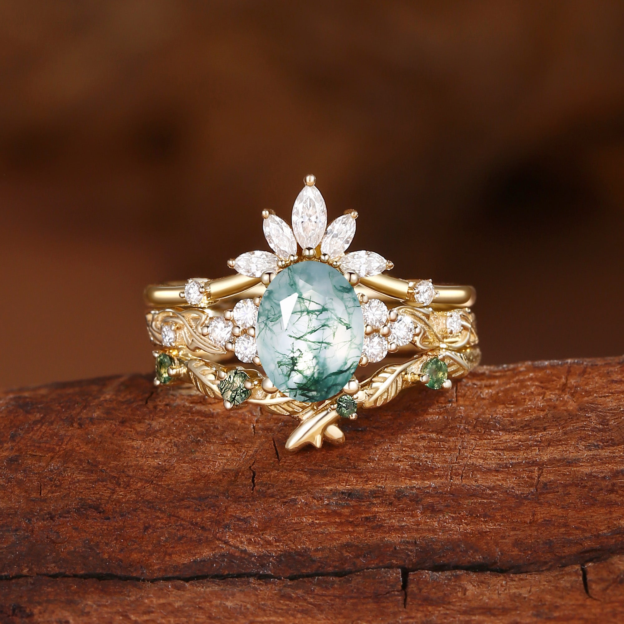 Leaf Ring - Moss Agate Cluster Leafy Bridal Set 3pcs