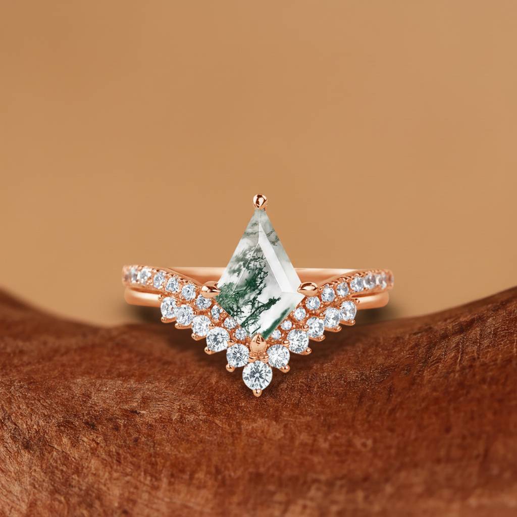 Jade - Nature Inspired Kite Cut Moss Agate Cluster Engagement Ring