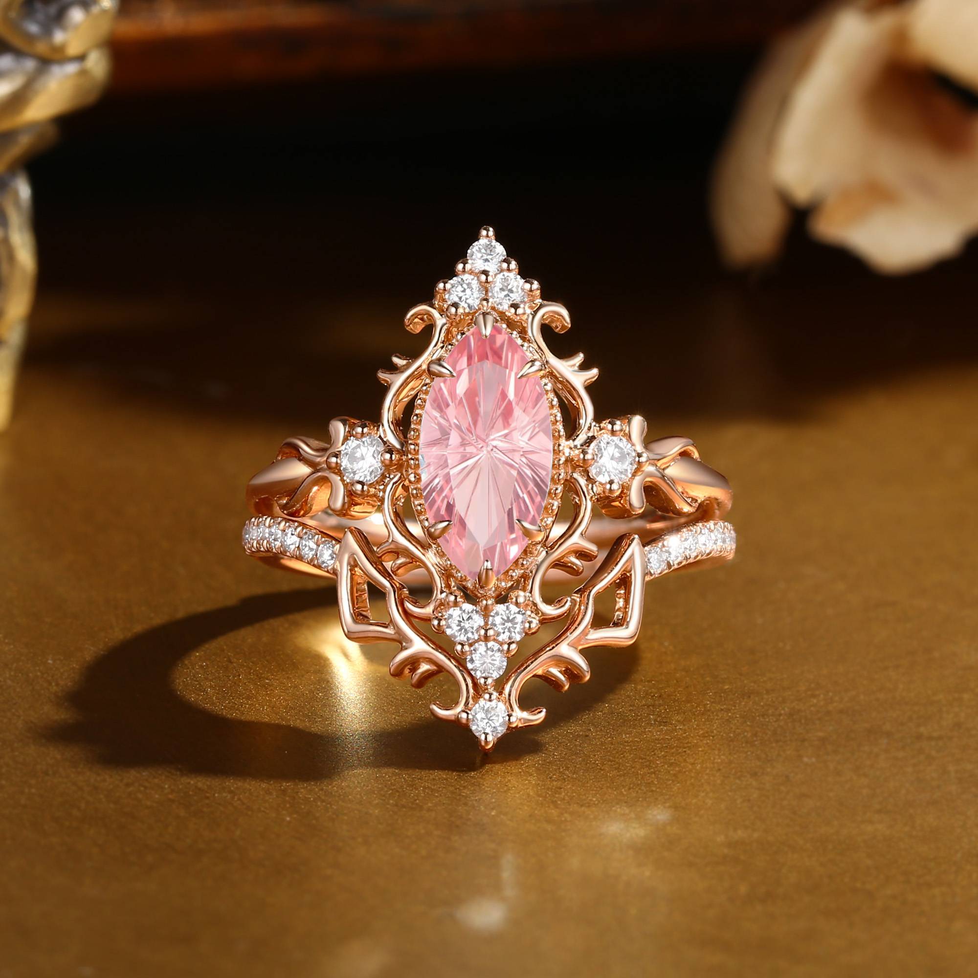 Eugenie - Marquise Firework Cut Padparadscha Royalcore Victorian Vintage Ribbon Bridal Sets 2PCS