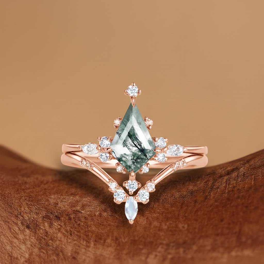 Odette - Unique Kite Cut Moss Agate Engagement Ring Sets 2pcs