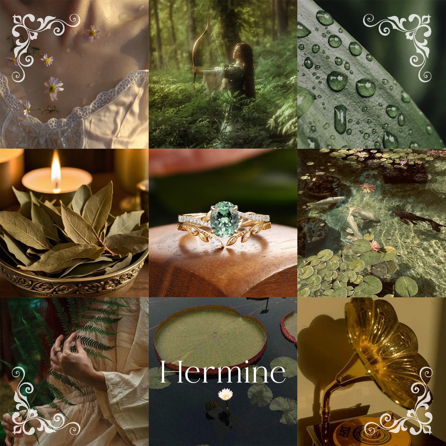 Hermine - Lab Mint Green Sapphire Leaf Fairy Engagement Ring Set 2pcs