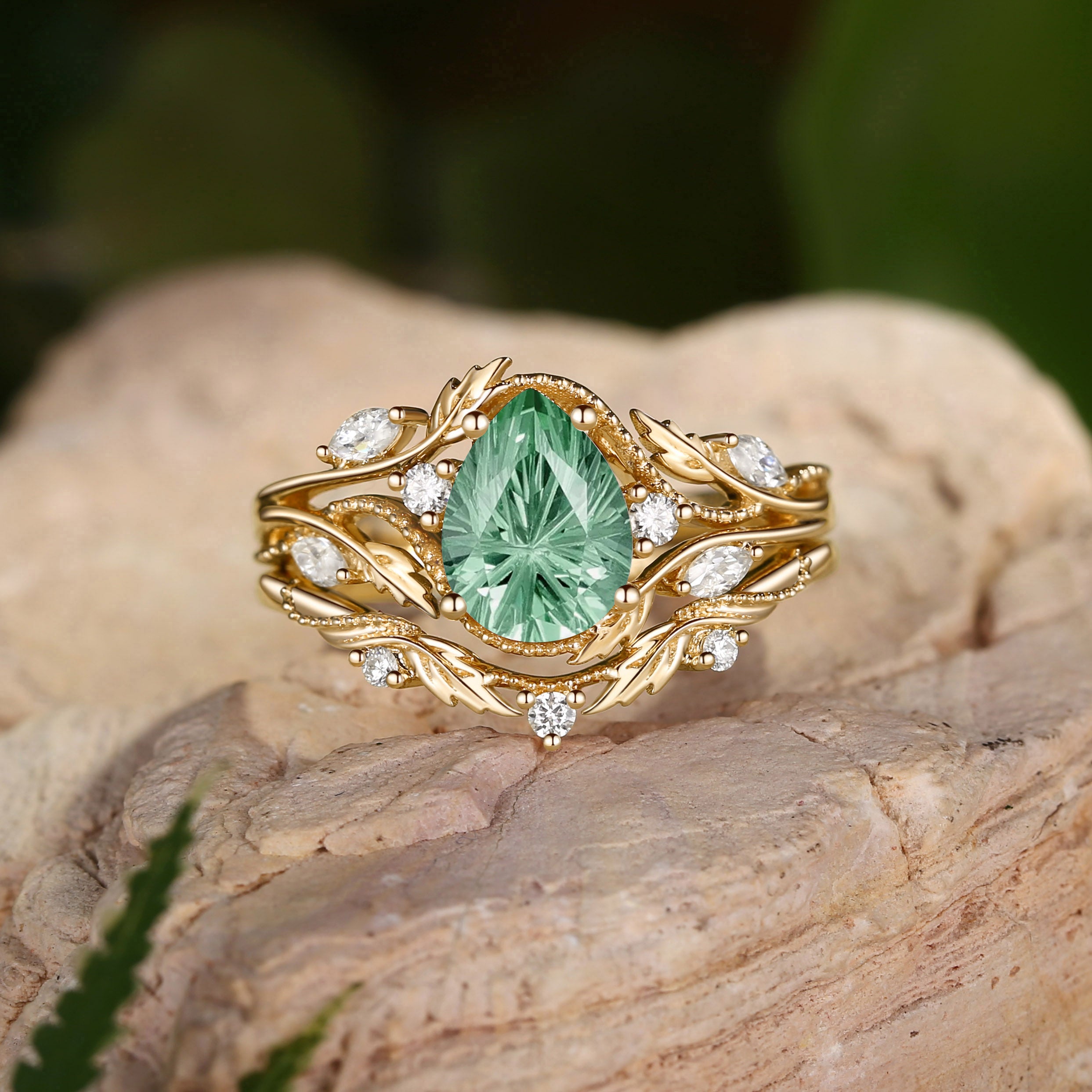 Hesper - Firework Leafy Nature Pear Cut Green Sapphire Engagement Ring Set 2pcs