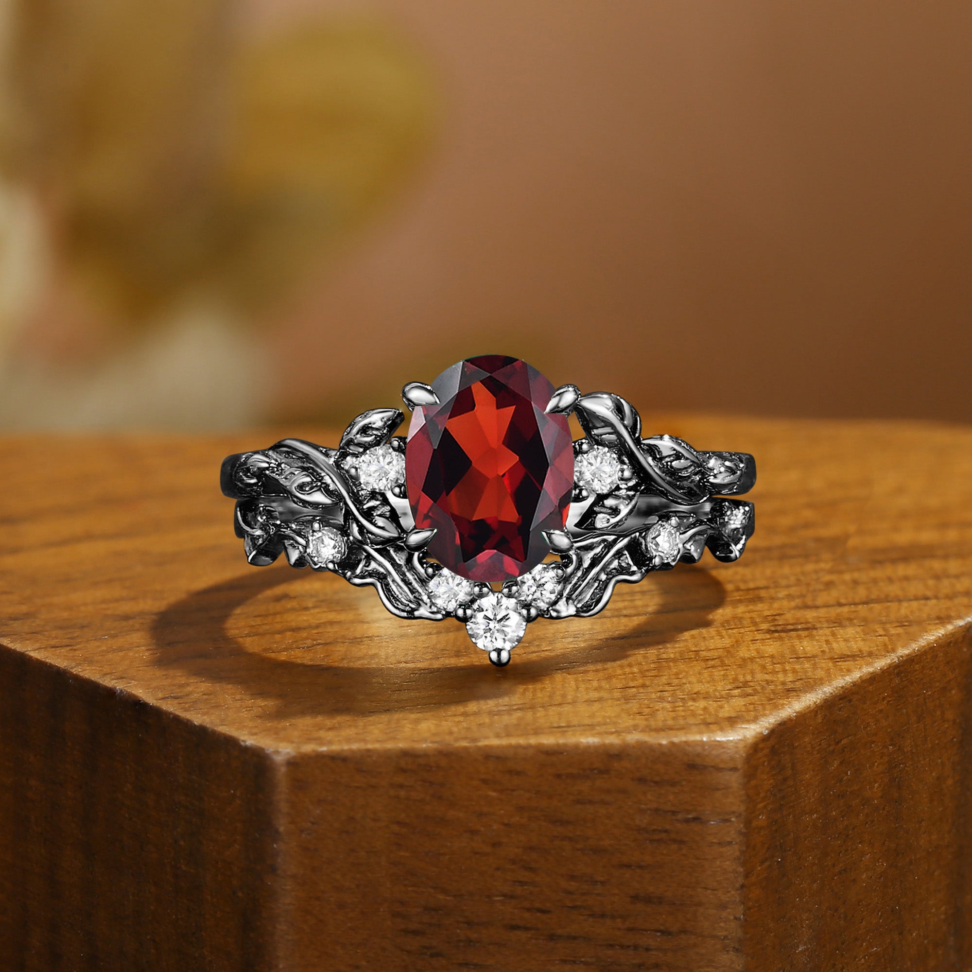 Eden - Oval Cut Garnet Leaf Branch Engagement Ring Set 2pcs