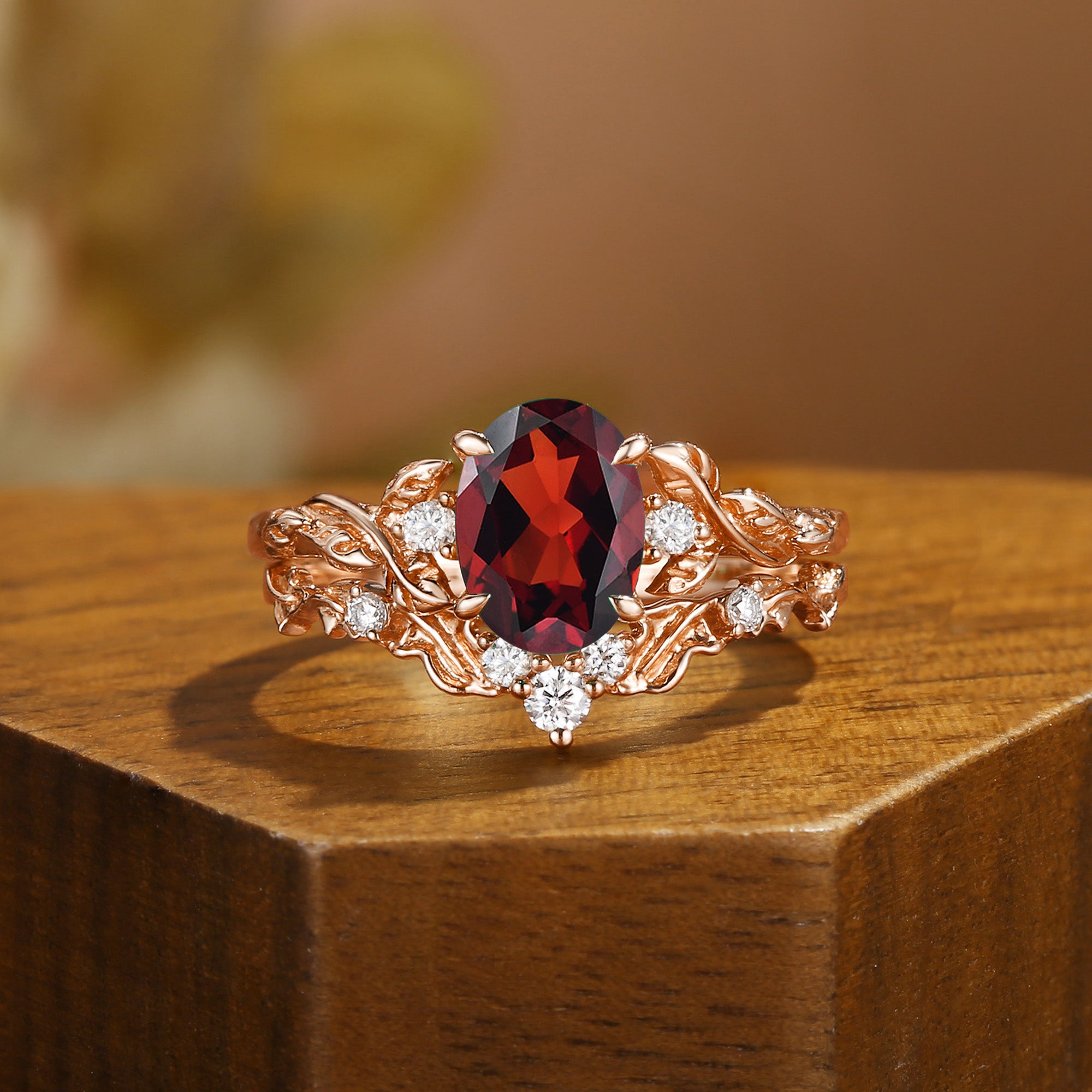 Eden - Oval Cut Garnet Leaf Branch Engagement Ring Set 2pcs
