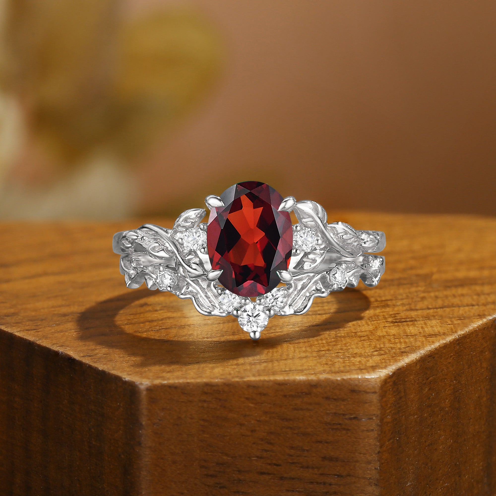 Eden - Oval Cut Garnet Leaf Branch Engagement Ring Set 2pcs