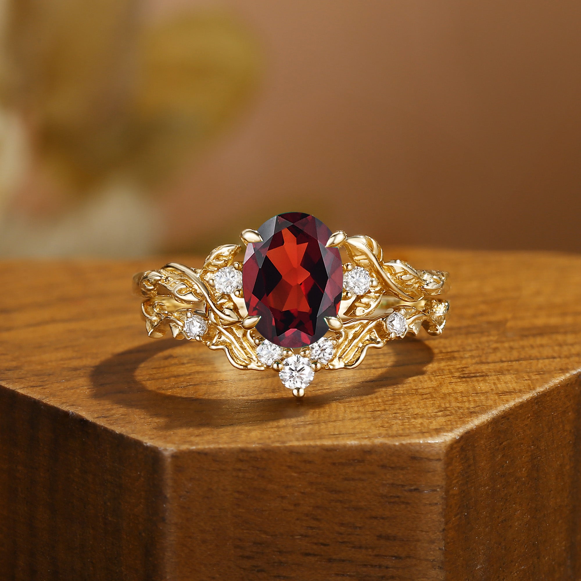 Eden - Oval Cut Garnet Leaf Branch Engagement Ring Set 2pcs