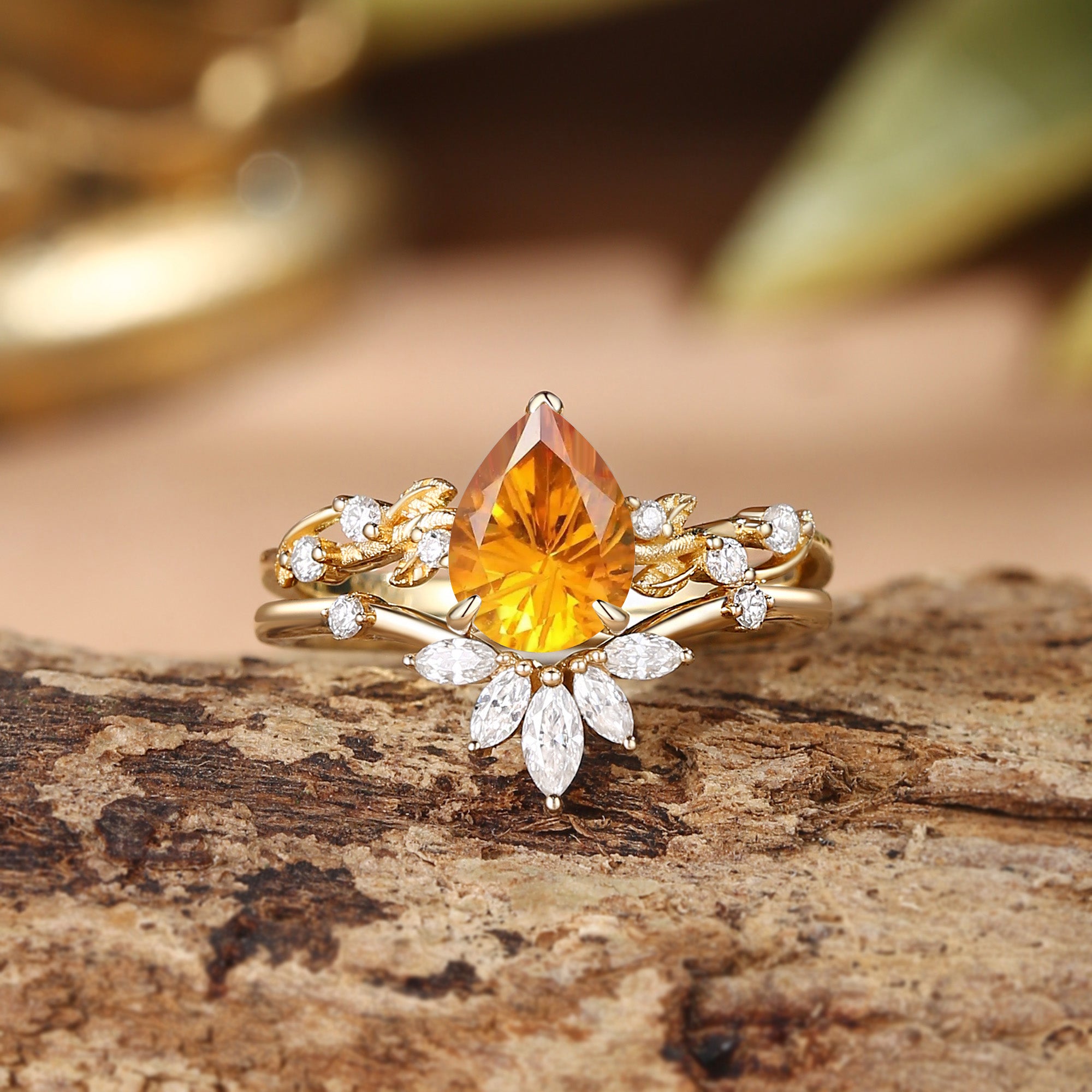 Clarissa - Firework Pear Cut Citrine Vine Inspired Leafy Bridal Set 2pcs