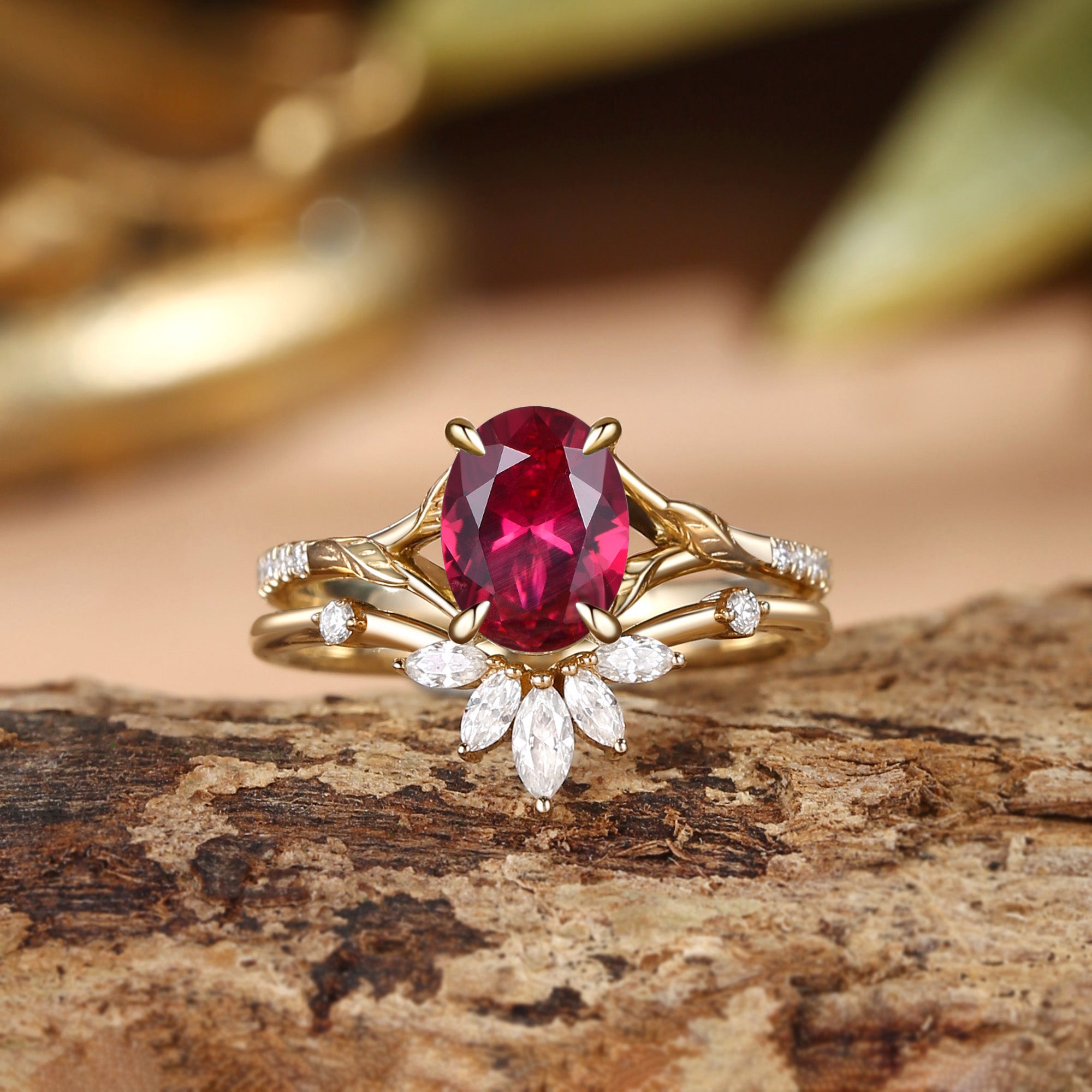 Dahlia - Oval Cut Ruby Leaf Cluster Bridal Set 2pcs