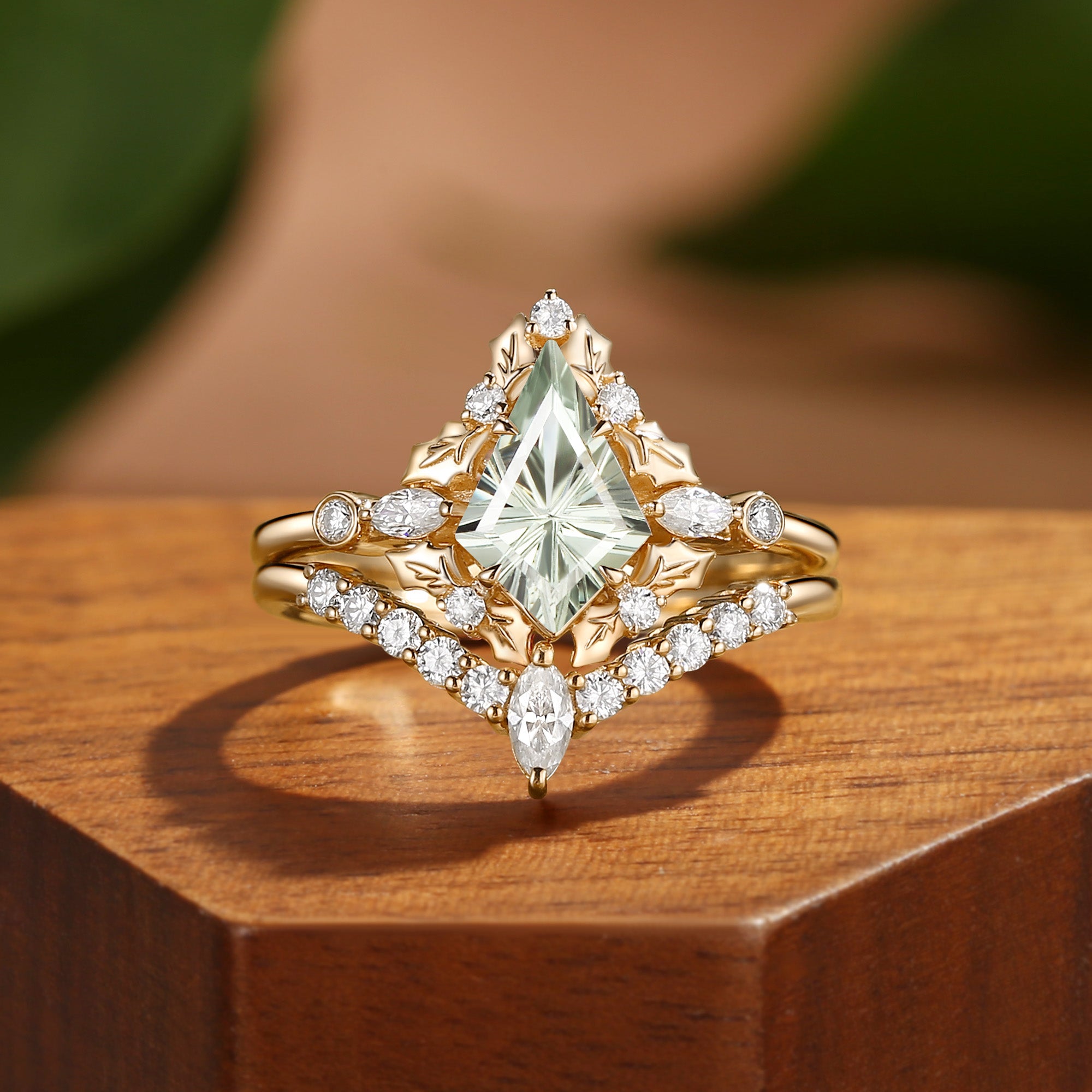 Nicoline - Unique Firework Cut Green Sapphire Holly Leaf Inspired Halo Bridal Set 2pcs