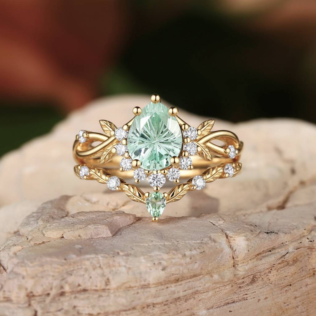 Drisana - Fireworks Cut Pear Green Sapphire Engagement Ring Set 2pcs
