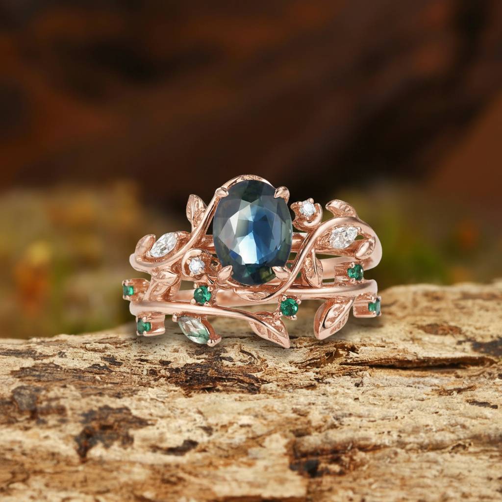 Désirée - Oval Cut Blue Green Sapphire Branch Leafy Engagement Ring Set 2pcs