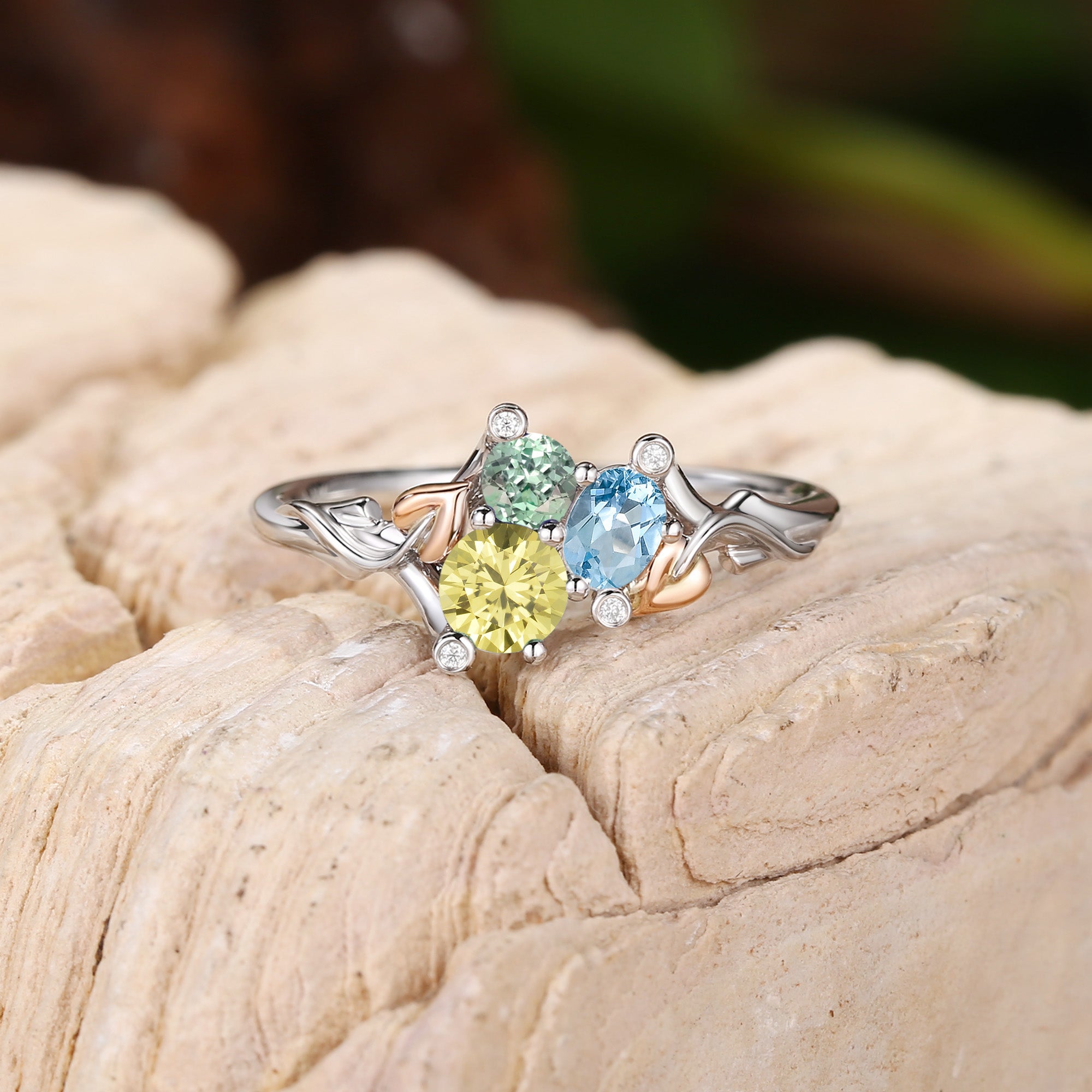Clover - Three Stone Aquamarine & Yellow Sapphire & Green Sapphire Leaf Engagement Ring