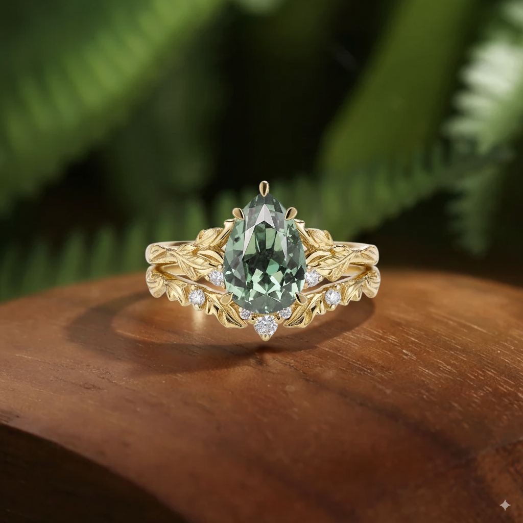 Dulcie - Pear Cut Vintage Green Sapphire & Leaf Engraved Wedding Ring Sets