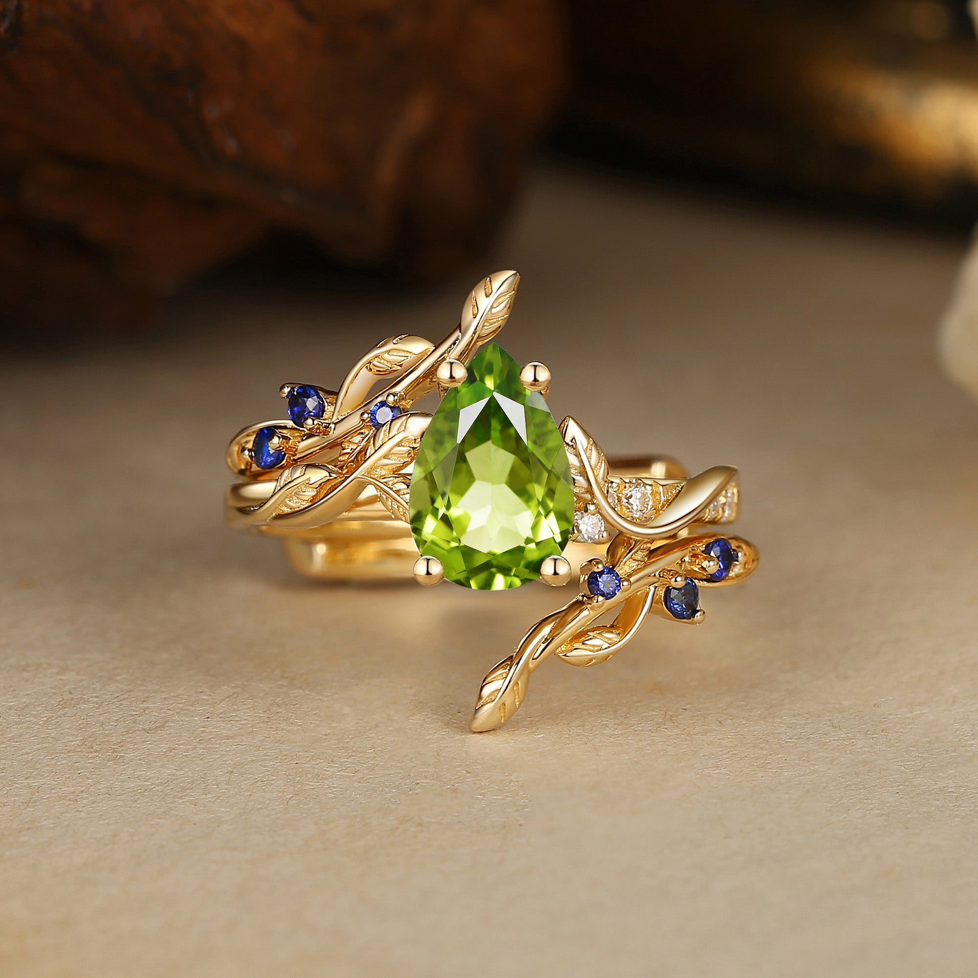 Hyacinthe - Green Peridot & Sapphire Engagement Enhancer Ring Set 2pcs