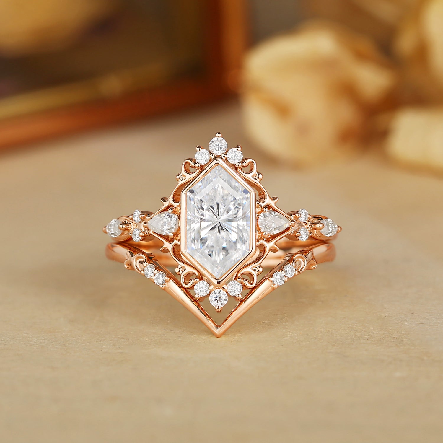 Swan - Firework Cut Hexagon Moissanite Princesscore Vintage Bridal Set 2pcs