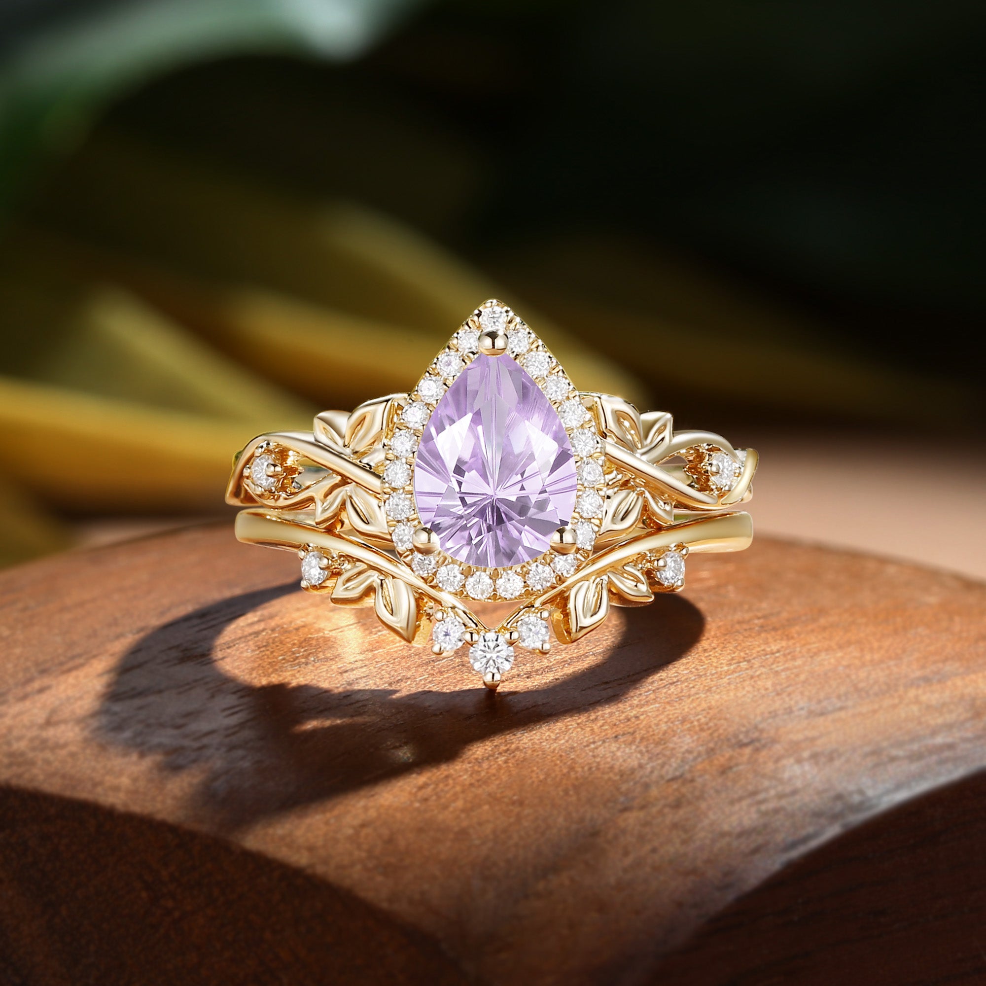 Albertine - Halo Pear Firework Cut Purple Sapphire Butterfly Nature Inspired  Bridal Set 2pcs