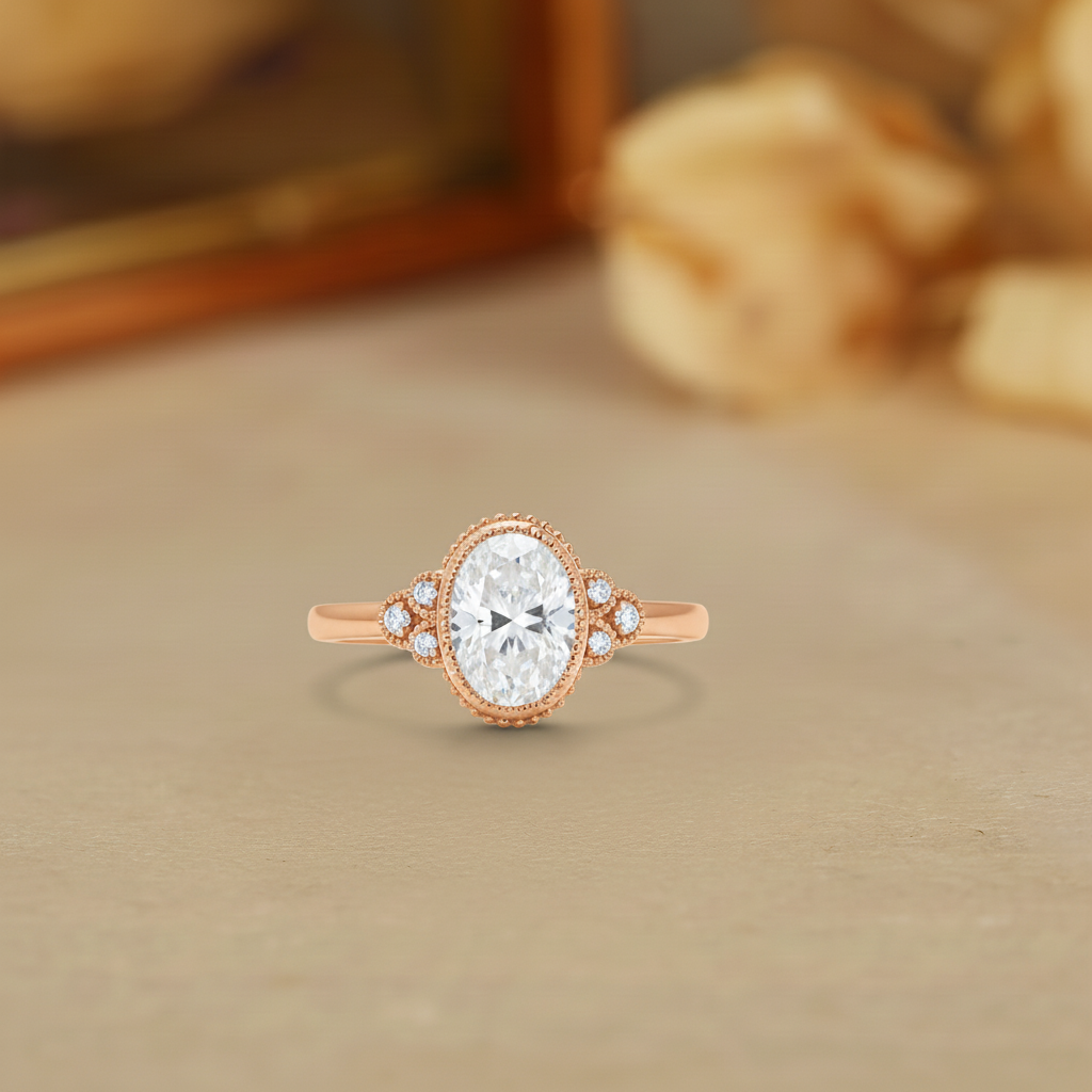 Nola - Three Stone Filigree Oval Cut Moissanite Halo Engagement Ring