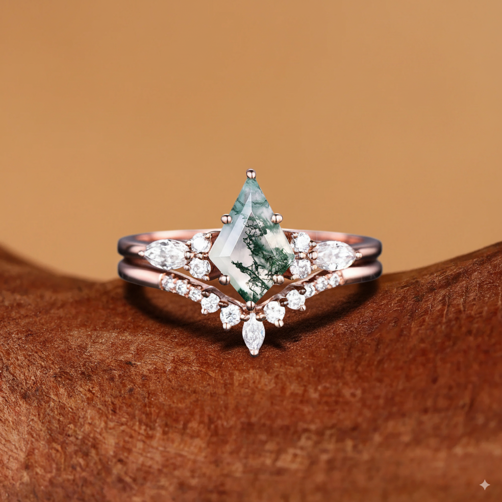 Kaia - Vintage Kite Cut Green Moss Agate Bridal Set 2pcs